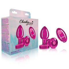 Cheeky Charms Pink Rechargeable Vibrating Metal Butt Plug w Remote Medium-3