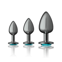 Cheeky Charms Round Metal Butt Plug Gunmetal 3 Pc Kit w Teal Jewel-0