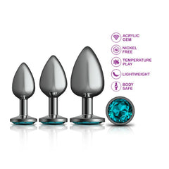 Cheeky Charms Round Metal Butt Plug Gunmetal 3 Pc Kit w Teal Jewel-1