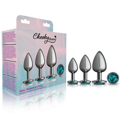 Cheeky Charms Round Metal Butt Plug Gunmetal 3 Pc Kit w Teal Jewel-3