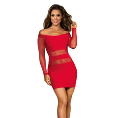 Off The Shoulder Mesh Panel Dress Red-1