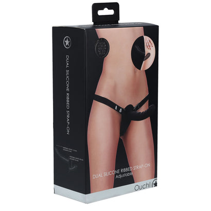 OUCH! Dual Silicone Ribbed Strap-On - Black-0